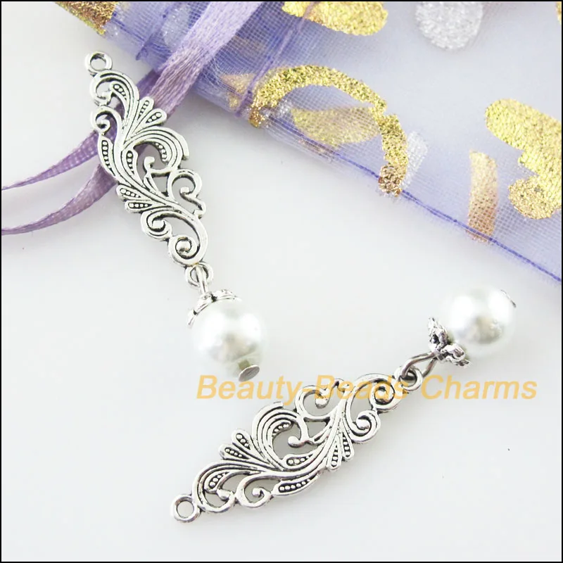 New 15Pcs Tibetan Silver Color Clouds Flower White Glass Beads Charms Pendants 9.5x42mm