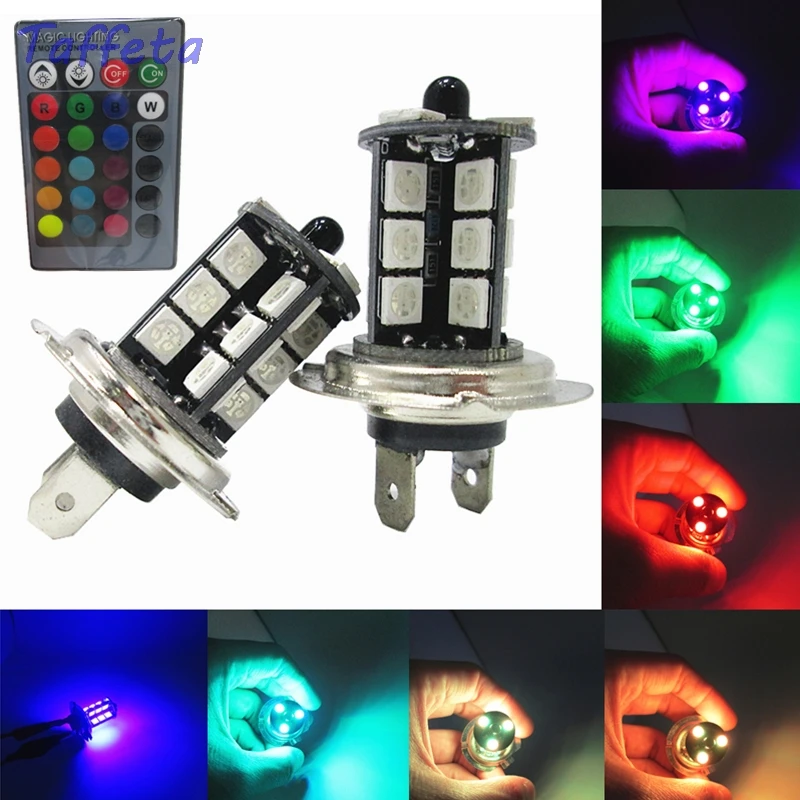 2PCS H7 LED RGB Multi-Color 5050 27SMD Car Auto Fog Light Bulb With Remote Control