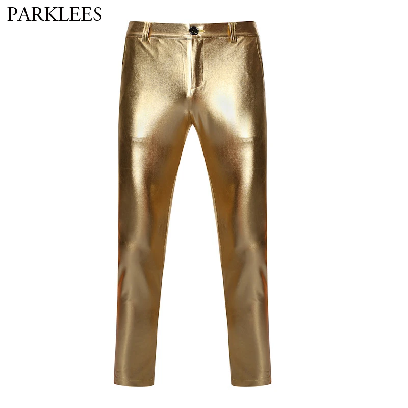 

Gold Shiny Metallic Sweatpants Men Pants Bronzing Hip Hop Nightclub DJ Streetwear Trousers Party Motorcycle Leather Jogger Pants