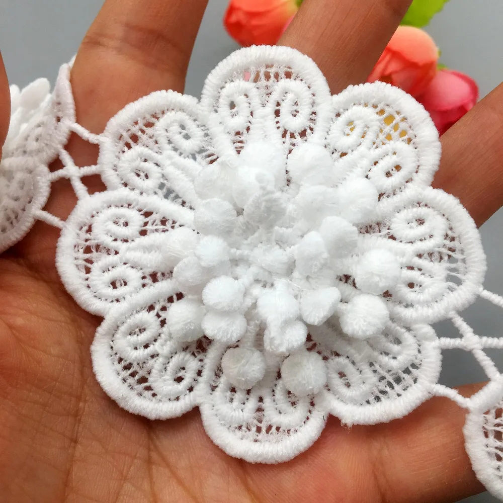 

20X Multihead Cotton White Flowers Lace Trim Stain Ribbon Trimmings Applique Fabric Sewing Crafts for Wedding Dress Width 65mm
