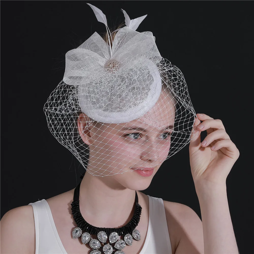 White Wedding Fascinator Accessory Hats Sinamay Chapeau Bridal Veils Women's Fedora Female Ladies Elegant Occasion Race Headwear