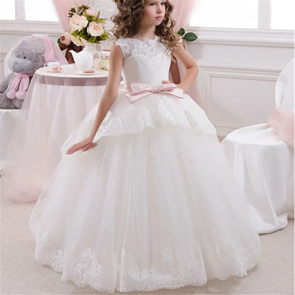 New  Flower Girls Dresses Lace Appliques Cap Sleeve Ball Gowns Beading Floor Length Pageant First Communion Dresses Wedding Gow