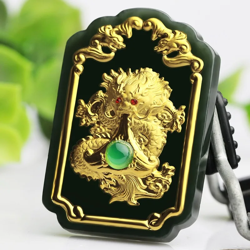 Koraba Fine Jewelry 24K Gold Chinese Dark Green Jade Dragon  Pendant Rope Necklace Mens Jewelry Luxury Jewelry