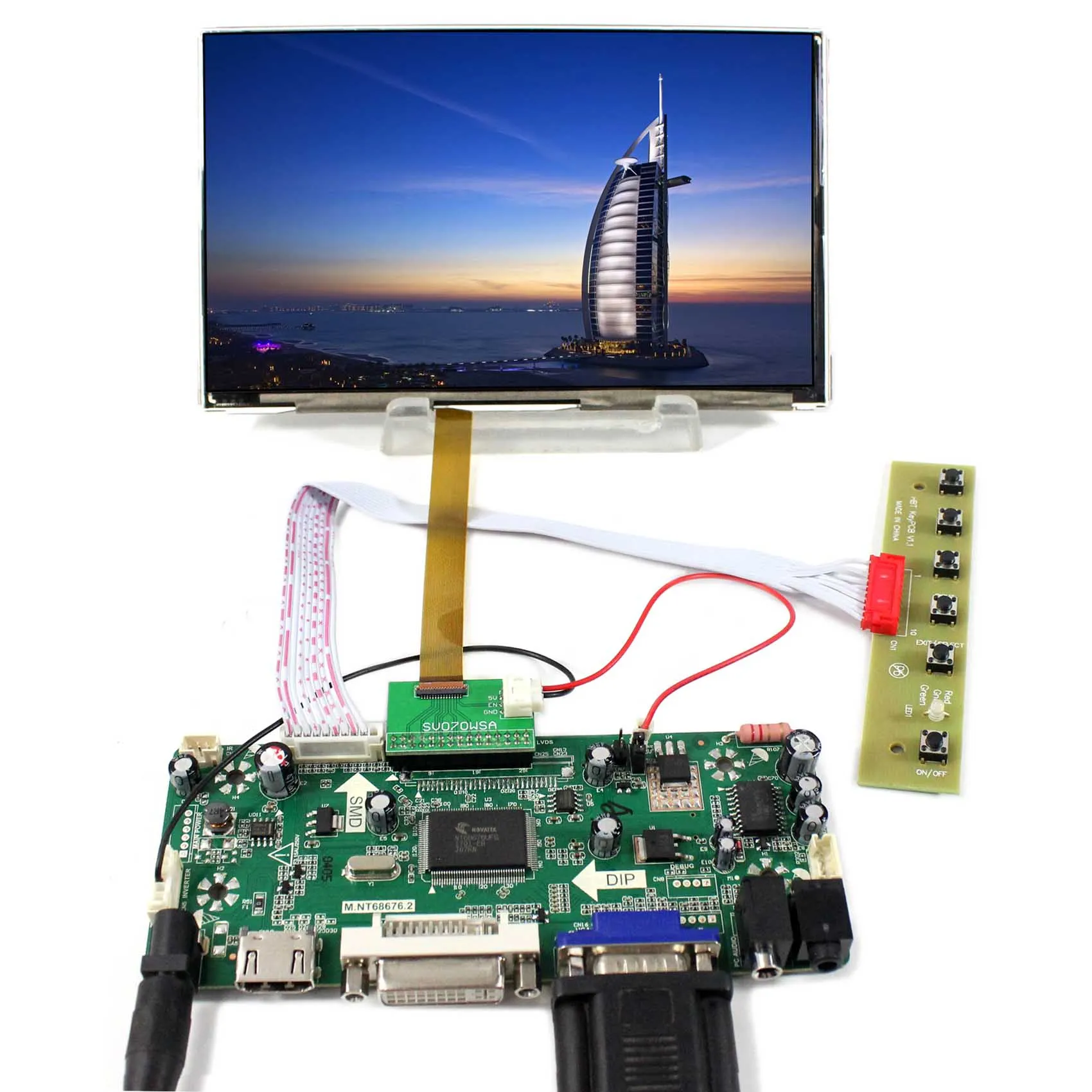 

HD MI+VGA+DVI+Audio Controller board NT68676 with 7inch 1024X600 HV070WSA 100 ips lcd