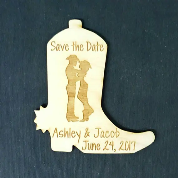 custom western Cowboy and Cowgirl Bride Groom names wooden Wedding Save the Date Magnets engagement party favors company gifts