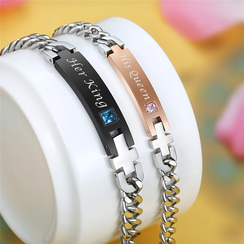 1 combo stainless steel silver color students couple bracelets link chain bangles for women men lovers