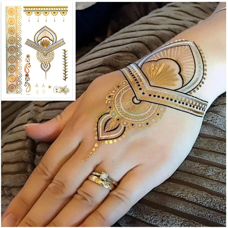 Temporary golden silver tattoos sticker Indian style tattoos hand body art flash tattoo paste makeup girl waterproof fake tattoo