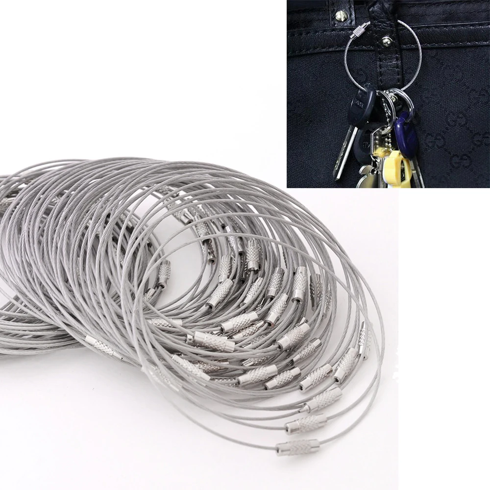 wholesale 50PCS/lot Screw Locking Stainless Steel Wire Keychain Cable Rope Key Holder Keyring Key Chain Rings Cable Outdoor Hiki