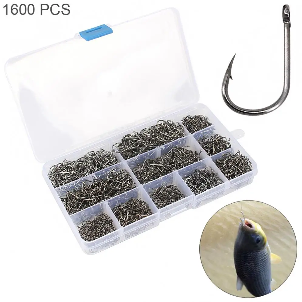 1600pcs/lot Fishing Hooks Kit Barbed Jig Hole Hook 3#-12# 10 Size Carbon Steel Carp Fishhook Set with Tackle Box