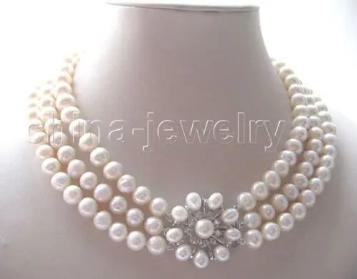 

FREE SHIPPING 3row 8-9mm natural white round freshwater pearl necklace 17"-19" -pearl clasp^^^@^Noble style Natural Fine jewe &