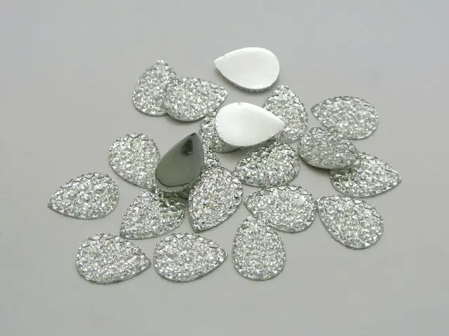 100 Clear Glitter Flatback Resin Teardrop Cabochon Pyramid Dotted Rhinestone 13X18mm