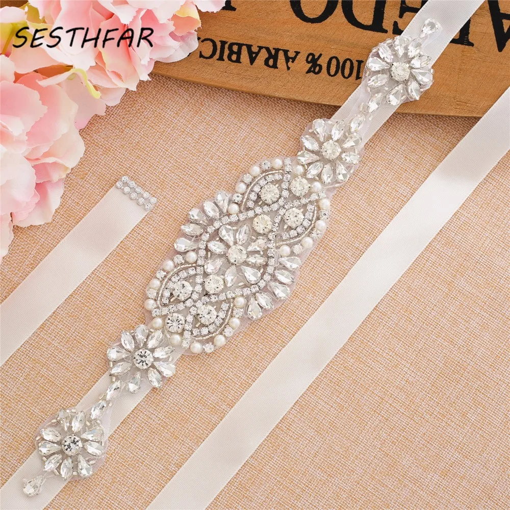 SESTHFAR Silver Crystal Wedding Belt With Pearls Luxurious Rhinestones Ribbons Bridal Belt Sash For Wedding Party Gown