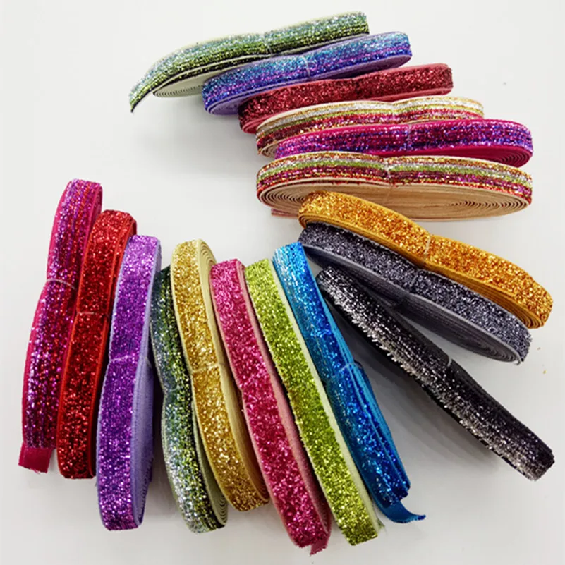 5 jardów 48 kolorów 3/8 "szerokość 10mm Sparkle Glitter metaliczna aksamitna wstążka z pałąkiem na głowę klipsy kokarda dekoracje ślubne dekoracje świąteczne DIY