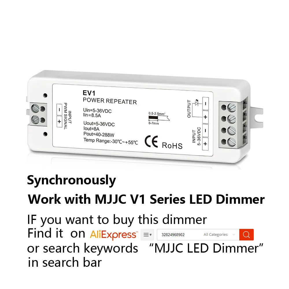 LED Dimmer Power Repeater 5V 12V 24V 36V 1 Channel 8A Singal Amplifier for Synchronously Single Color LED Strip MJJC-EV1