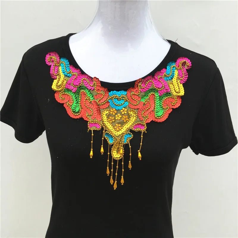 1pc Gold/Silver Beads Sequins Flower Lace Neckline Collar Sewing-On Embroidery Appliques For Dance Costumes Cloth Accessories