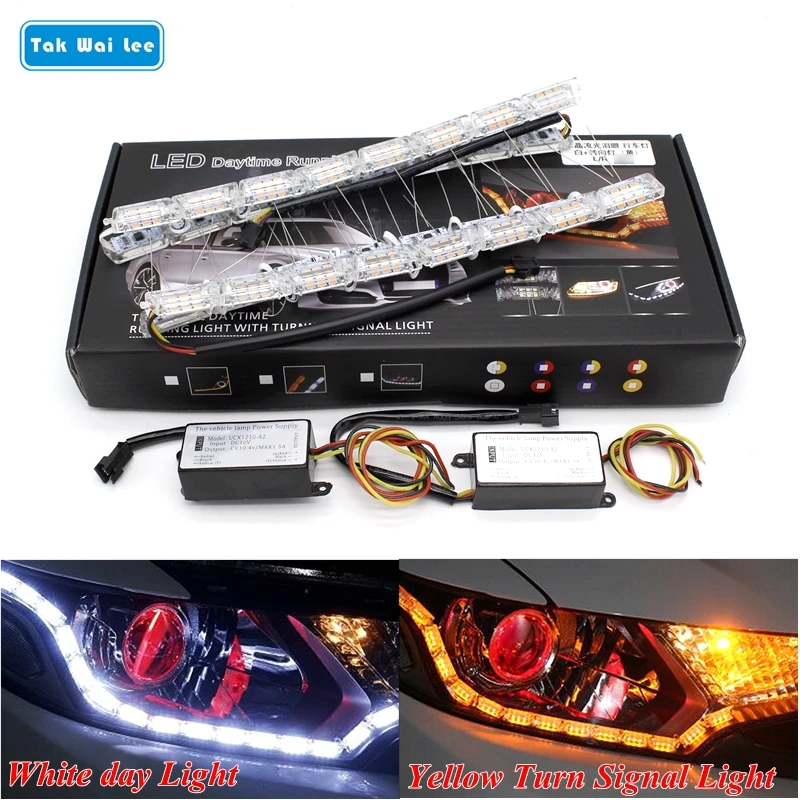 Tak Wai Lee 2X Car Flexible White/Amber LED DRL Daytime Running Strip Lamp Turn Signal Flowing Water Drops Steering Bar Headlamp