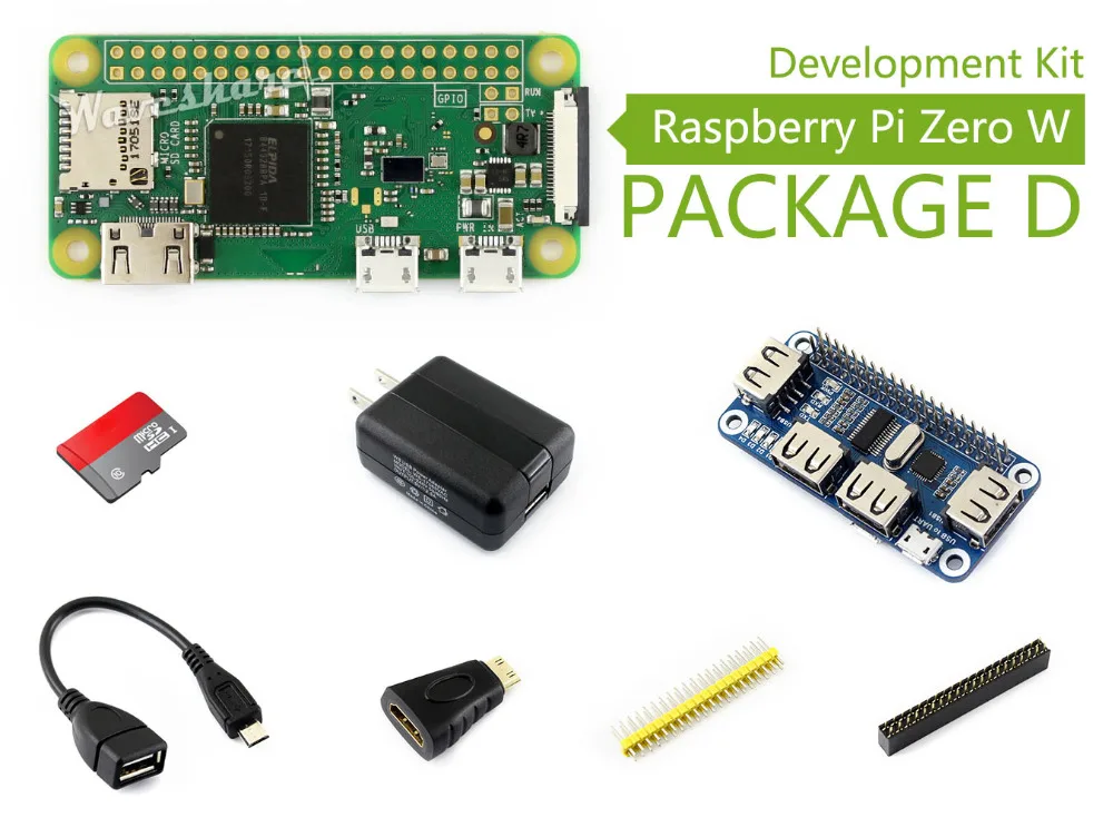 

Raspberry Pi Zero W Package D Basic Development Kit Micro SD Card, Power Adapter, USB HUB, and Basic Components