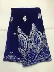 Hot sale royal blue velveteen lace material african soft velvet lace fabric with silver sequins for clothes JV5-2,5yards/pc