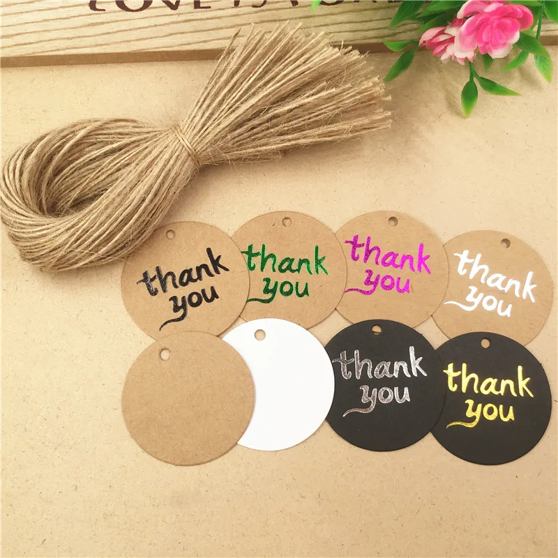 100Pcs/Lot Popular Thank you Series Hot Stamping Round Hang Tags Kraft Multiple Colors Festive Christmas color+100 Hemp Ropes