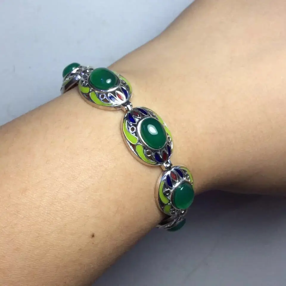 

Retro Thai Silver S925 Sterling Silver Inlaid Natural Chrysoprase Women Vintage Cloisonne Atmospheric Bracelet