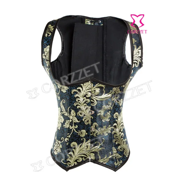 New Women Blue Jacquard Steel Boned Waist Trainer Sexy Underbust Vest Corset Bodice Gothic Crop Top Bustier Slimming Corpetes