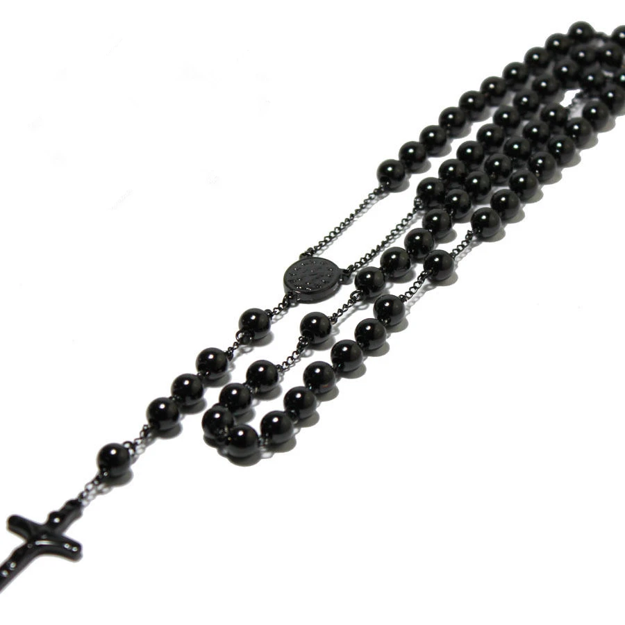 Hot Selling Fashion Men\'s Women\'s 316L Stainless Steel 4/6/8mm Rosary Pendant Necklace Jewelry Black Tone