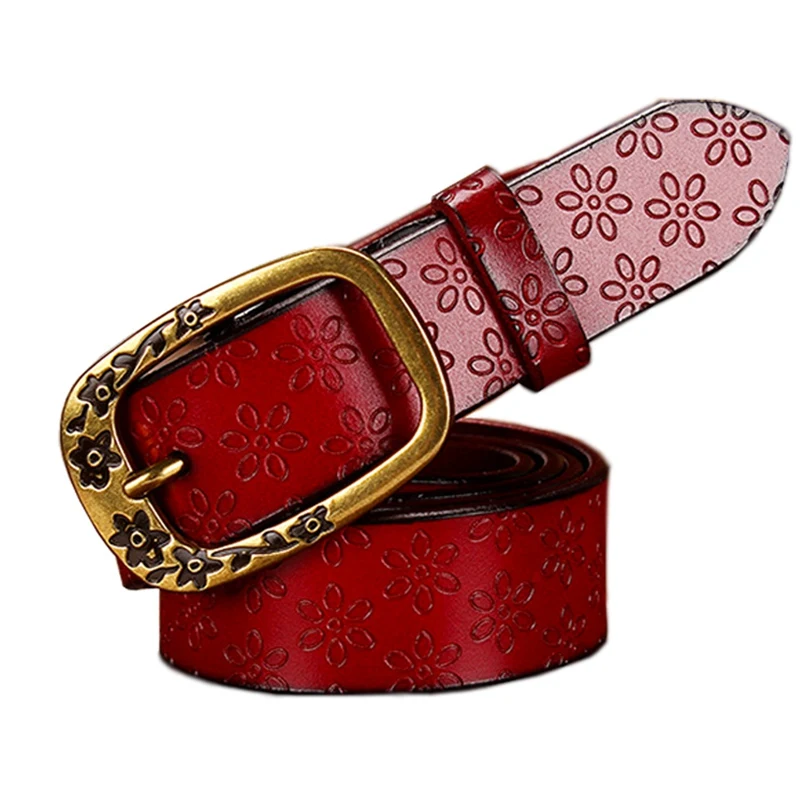 Fashion Genuine leather belts for women Vintage floral Pin buckle strap for jeans High quality second layer cow skin belt woman