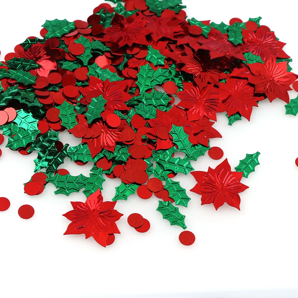 15g Mix Farbe Kunststoff Weihnachten Grüne Blatt Rot Blume Konfetti Tinfoil Pailletten Weihnachten Geschenk Tisch Dekorationen