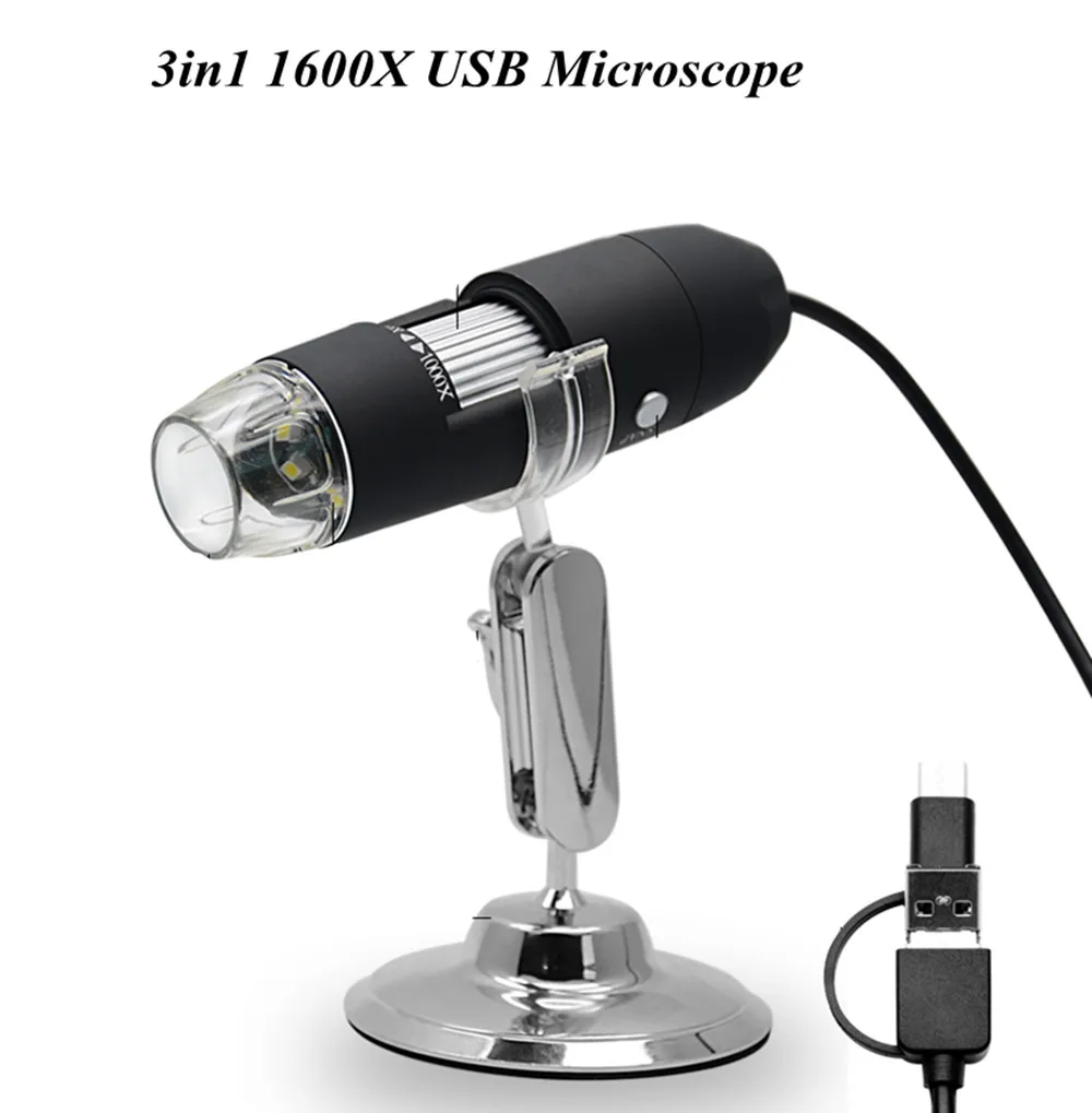 

3in1 2MP 1080P 1600X Zoom USB Microscope For PC/Micro-usb/Type-C Portable Handheld Endoscope