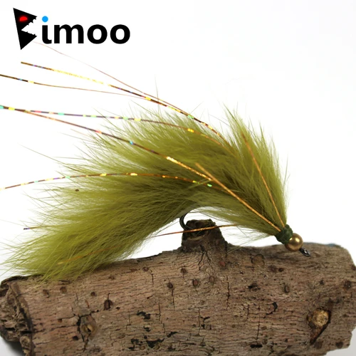 Bimoo 6PCS 6 # Serpentinas de pesca con mosca Zonker con cabeza de cuentas de cobre y oliva