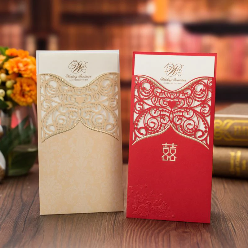 

50 шт., красные лазерные вырезанные кружевные свадебные пригласительные открытки, открытки на заказ, свадебные украшения, товары для вечеринок