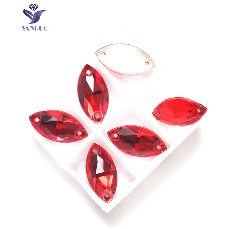 YANRUO 3223 Navette Light Siam Rhinestones Sew On Crystals Red Strass Attached Crystals Sewn Stones For Clothes