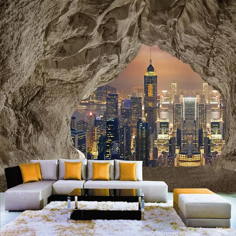 Custom Mural Wallpaper 3D Creative Cave Stone Wall City Night View Photo Poster Living Room Bedroom TV Background 3D Home Decor