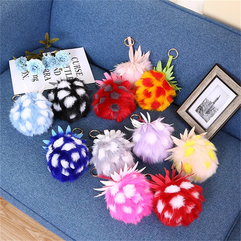 13cm Faux Rabbit Fur Pom Pom Pineapple Pendant Key Chain Gold Ring Women Bag Charms Bunny Fur Pompom Keychain Trinket Party Gift