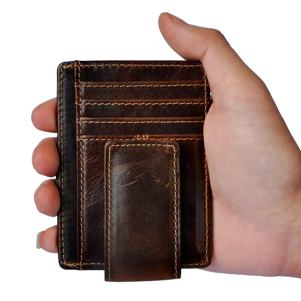 Cattle male Real leather Credit Card Case Bill Holder Magnet Money Clip Slim Handy Wallet Mini Front Pocket Purse For Men 1025-c