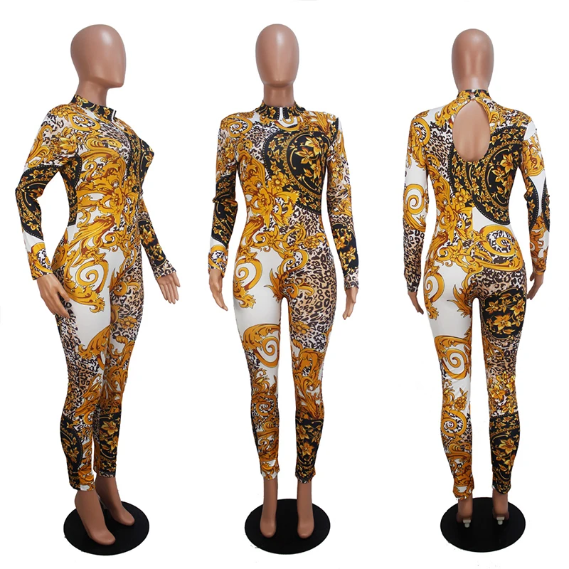 2019 ใหม่ผู้หญิงคอ Paisley Floral VINTAGE GOLD พิมพ์กลับเปิดเซ็กซี่ Skinny Bodycon Jumpsuits Overalls