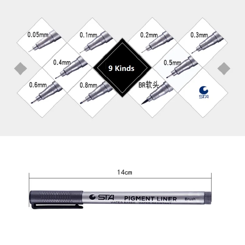 STA Pigment Liner Pen Porous-Point Pens Professional Needle Drawing pen Marker Hook line Pen Design Sketch   9pcs/set