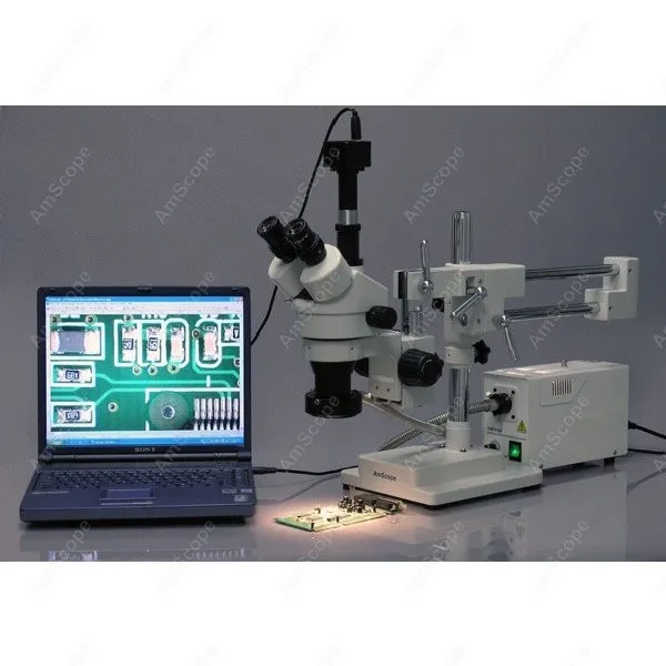 Simul-Focal Trinocular Microscopy--AmScope Supplies 3.5X-90X Simul-Focal Trinocular Boom Microscopy System + 3MP Digital Camera