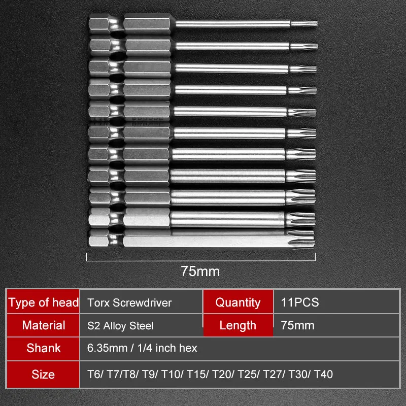 BROPPE 11 sztuk/zestaw 75mm Torx Hex tri-wing klucz krzyż-głowy bity zestaw bitów wytrzymały ze stali chromowo-wanadowej śrubokręt stalowy Bit