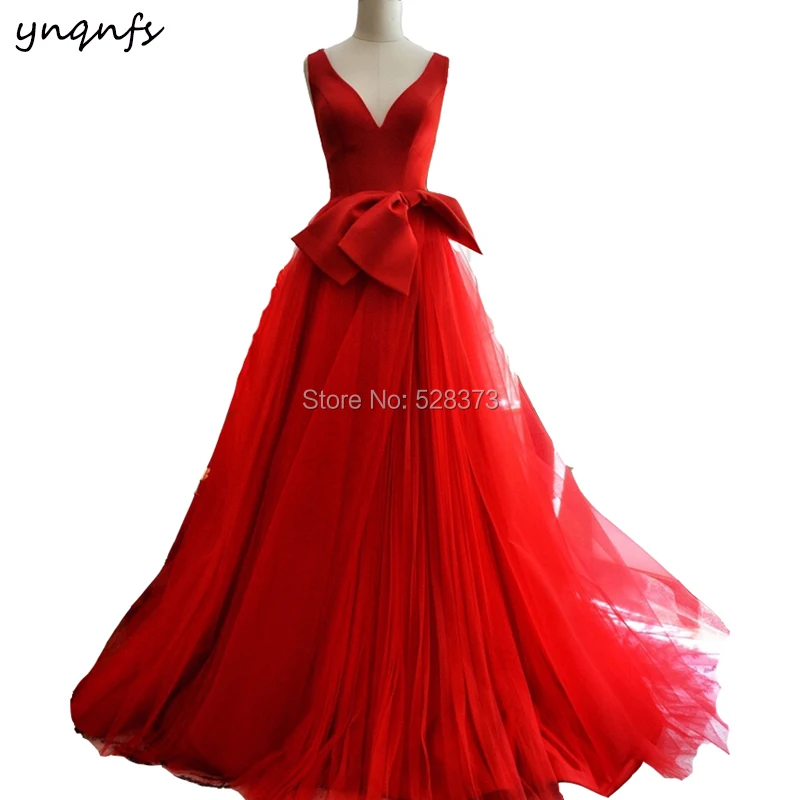 YNQNFS – robe de soirée rouge, élégante, col en V, dos croisé, ED176