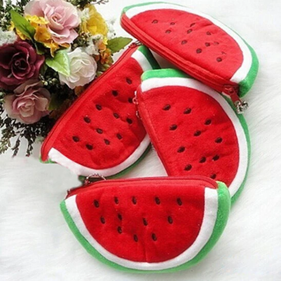 Plush Red Watermelon Coin Bags Fruit Wallet Big Volume Watermelon School Kids Pen Pencil Bag Case Popular Coin Purses