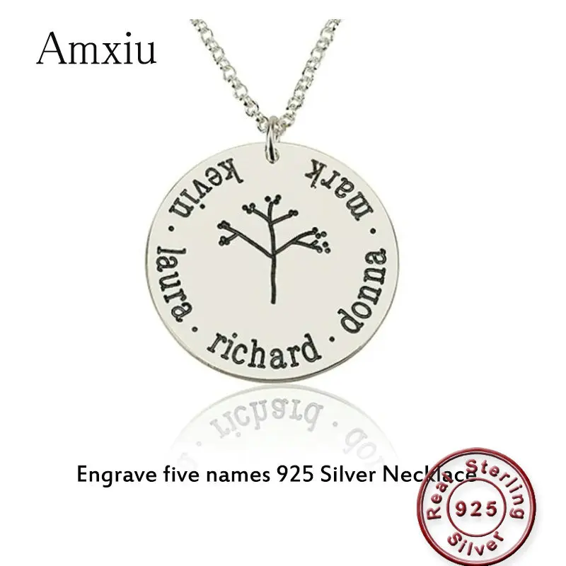 Amxiu Women's Day Special Gift Custom 925 Silver Necklace Engrave Five Names Team Family Tree Pendant Necklace For Mother Mom