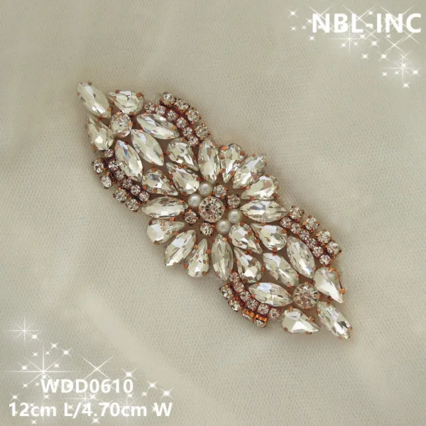 

(30PCS) Wholesale hand beaded sewing rose gold clear crystal rhinestone applique for dresses DIY iron on WDD0610
