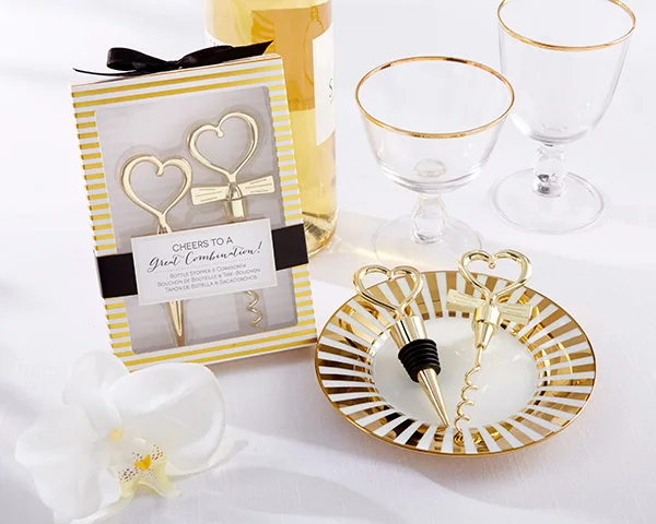 (20Pcs/lot=10boxes) Wedding souvenirs of Gold Heart Bottle Stopper and Corkscrew Wine Set For wedding decoration and Party favor