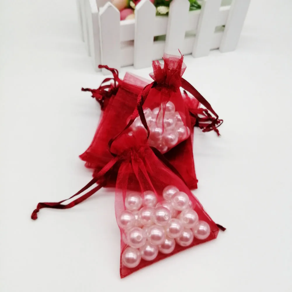 100pcs Organza Bags Wine Red Organza Gift Bags For Jewelry Packaging Display Christmas Wedding Jewelry Storage Drawstring Bag