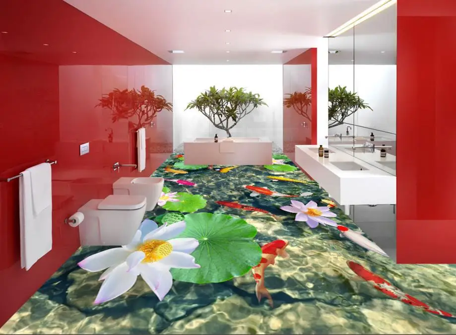 

3D flooring bathroom custom 3d stereoscopic paint floor lotus carp self-adhesive pvc roll flooring for living room