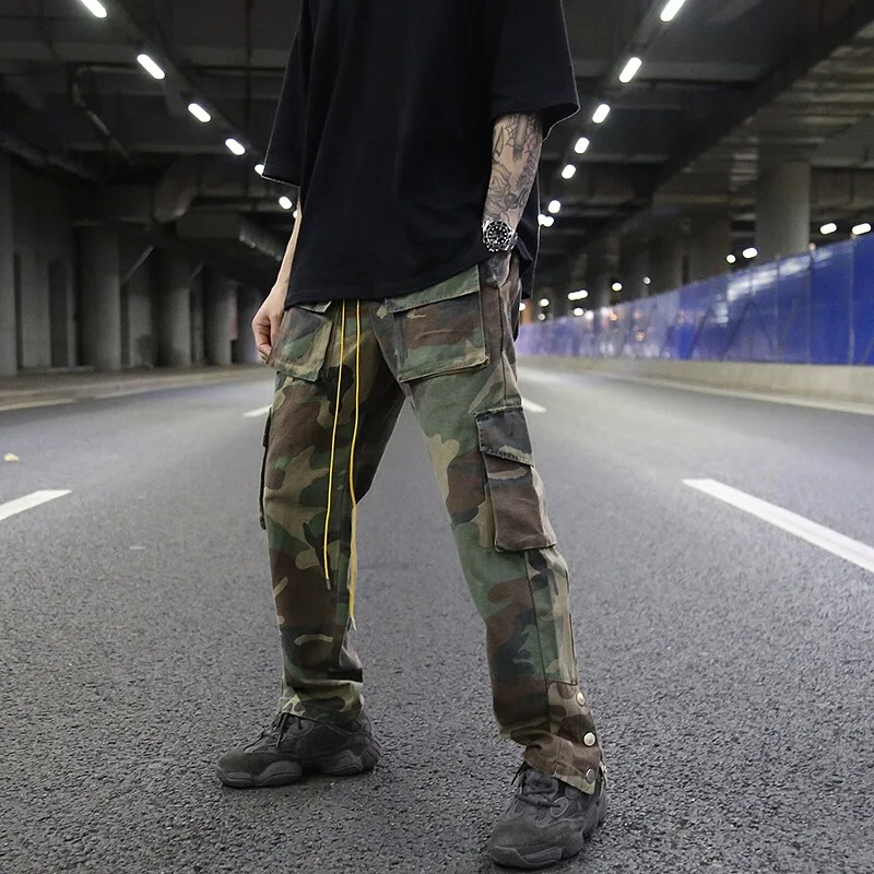 Mens Camouflage Hip Hop Pants Bottom Button Pockets Cargo Trousers Fashion Elastic Waist Drawstring Sportswear Streetwear Jogger