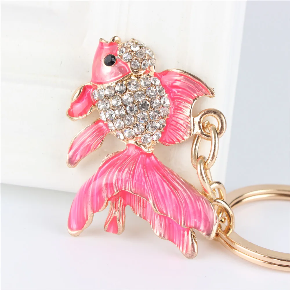 Lovely Pink Goldfish Cute Crystal Charm Purse Handbag Car Key Keyring Keychain Party Wedding Birthday Gift