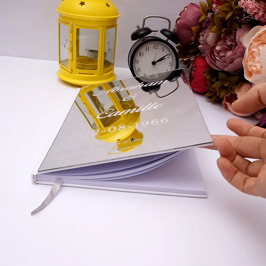 パーソナライズされた結婚式のゲストブック,カスタムアクリルステッカー付きの白い空の鏡,ゲストブック,本のパーティーの装飾