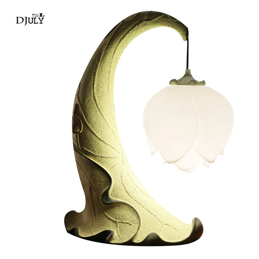 Chinese Lotus Shape Glass Table Lamps for Living Room Study Bedroom Creative Home Decor Bedside Lamp Resin Desk Light Fixture